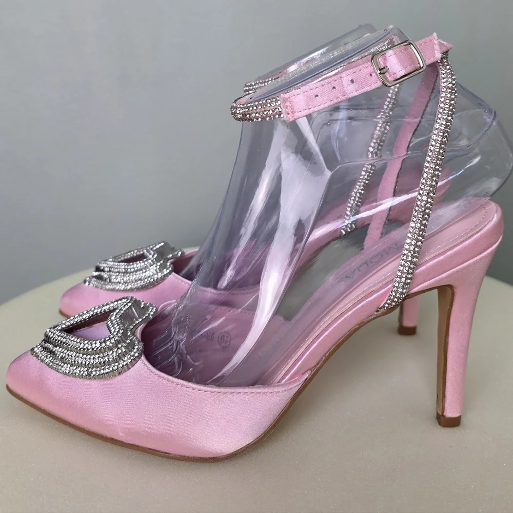 TOP MODA Pink Satin Freya Pointed Toe Sparkly Heart Ankle Strap Heel, Size 6.5